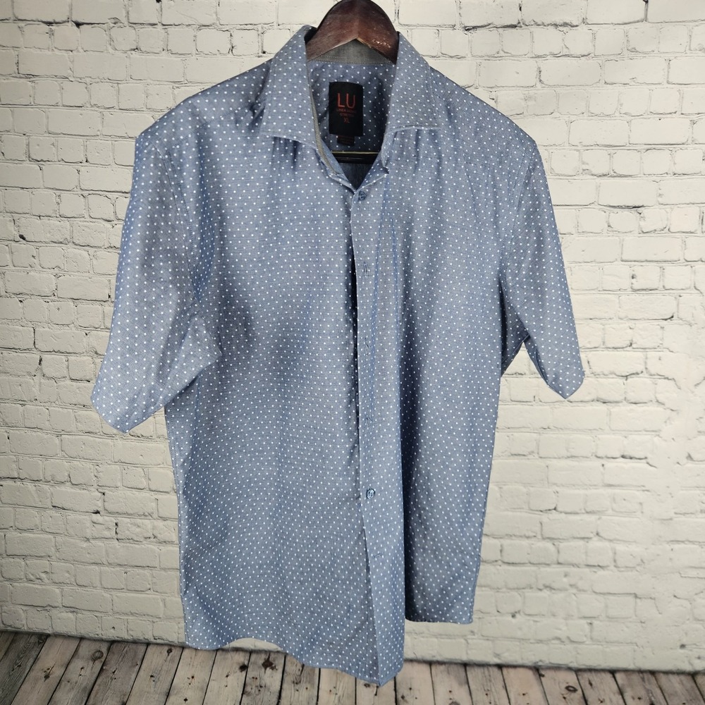 LU Linea Uomo Mens XL Blue Polka‎ Dot Short Sleeve Button Up Shirt Cotton